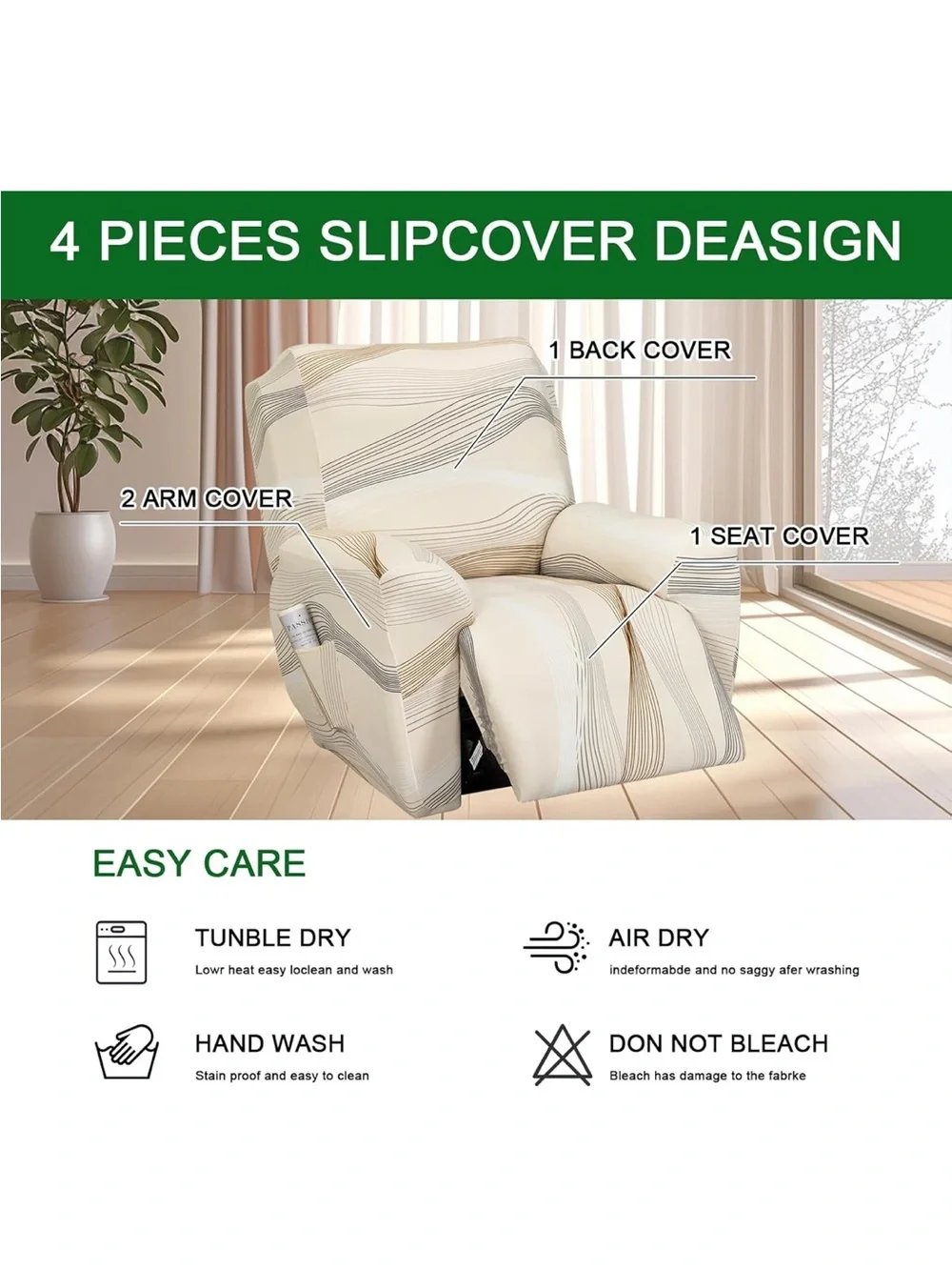 Lazy Boy Recliner Furniture Slipcover Wavy Geometric Print - Cream Brown